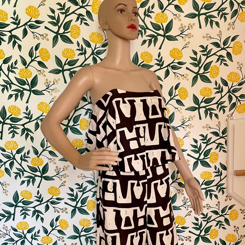 WHIT strapless silk jumpsuit.Black/ white abstract geometric wide leg w/ pockets